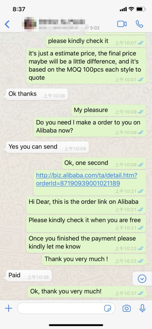 A screenshot of a WhatsApp chat showing a conversation about ordering products on Alibaba. The chat includes a discussion of pricing, sending a link, and confirming payment.