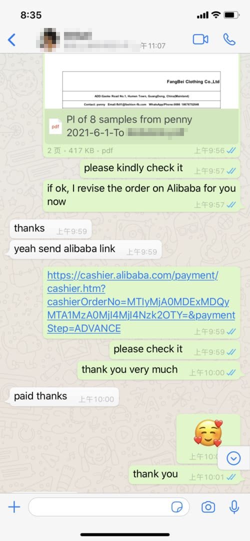 A chat screenshot shows a conversation on a messaging app. The conversation includes a file preview and discusses ordering samples via Alibaba. A payment link is shared, followed by messages confirming the payment and expressions of gratitude, ending with a smiley emoji.