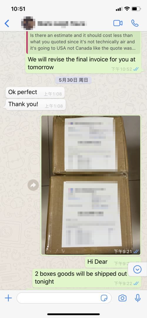 A smartphone screenshot shows a chat about shipping details on a messaging app. The conversation mentions revising a final invoice. Below is a photo of two sealed cardboard boxes. The text next to the boxes states they will be shipped out tonight.
