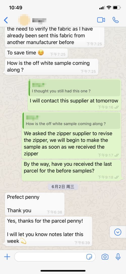 A screenshot of a text conversation discussing fabric samples and zipper revisions with mentions of parcels and updates. Messages include emojis and timestamps.