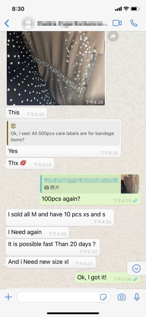 A screenshot of a chat conversation. It shows a discussion about garment labels and sizes. The phrase sold all M and have 10 pcs XS and S is visible. An image of clothing with pearl-like embellishments is included.