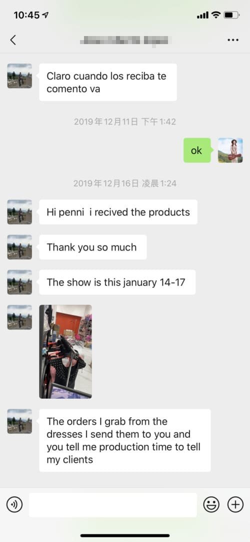 Screenshot of a messaging app conversation. The text alternates between English and Spanish, discussing receiving products and a show from January 14-17. Images of dresses are included.