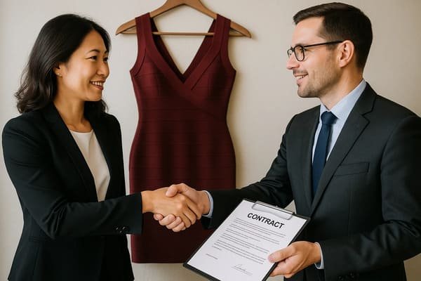 Two business professionals shaking hands over a contract for bandage dresses