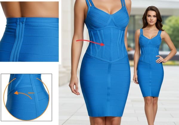 Blue bandage dress highlighting support features