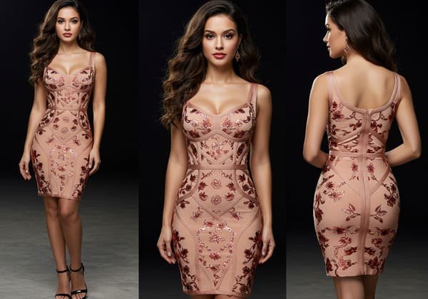 A fitted bandage dress with floral embroidery, showcasing a flattering silhouette and elegant design
