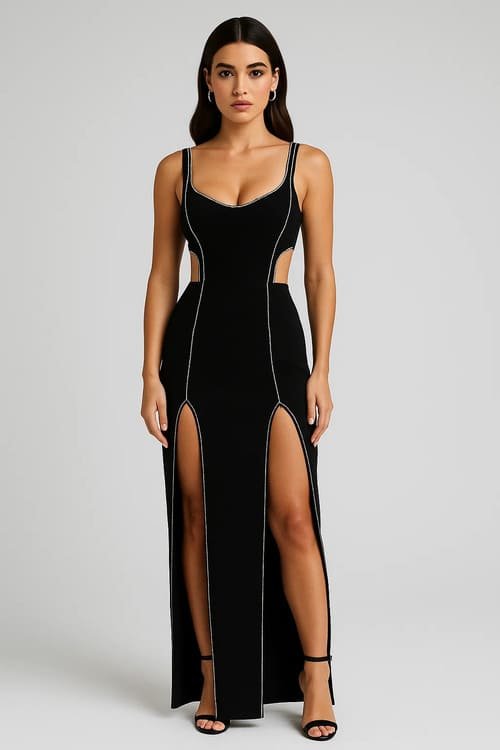 Black bandage dress with side cut-outs and thigh-high slits