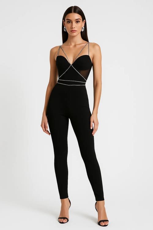 Black bandage jumpsuit with mesh panels and silver chain detailing