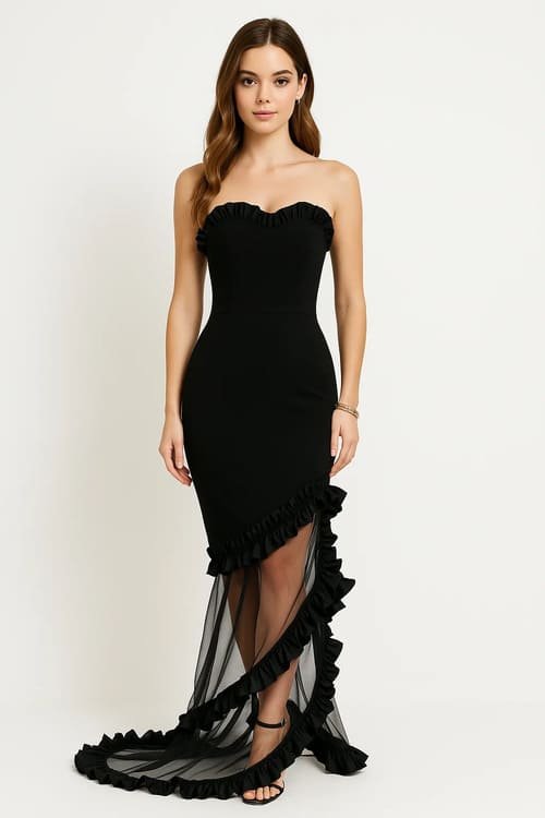 Black strapless bandage dress with ruffled details and a sheer train