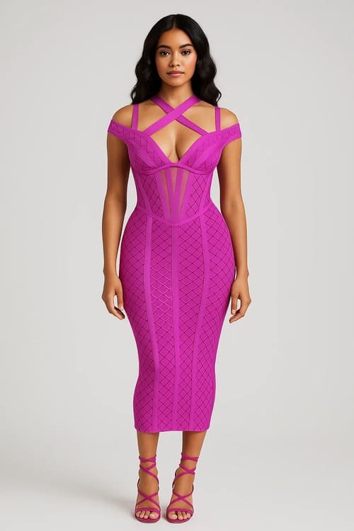 red-snake-printing-bandage-dressA model in a pink bandage dress with crisscross straps