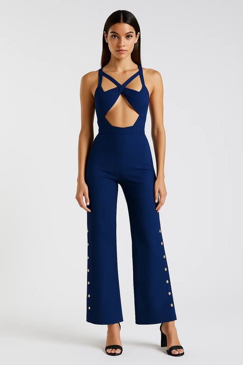 A model in a navy bandage jumpsuit with crossstraps