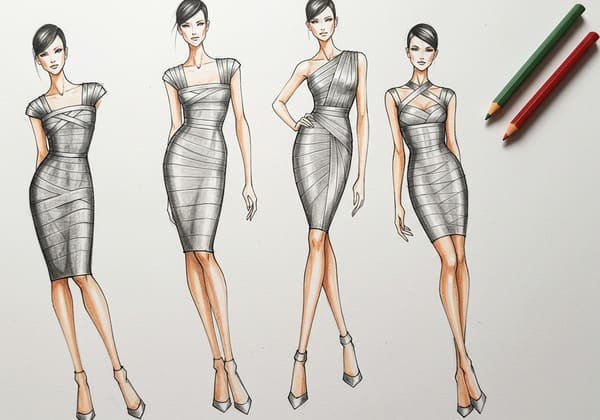 Designers collaborating on new bandage dress sketches