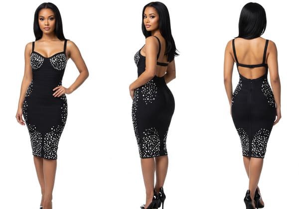 black bandage dress with rhinestone embellishments