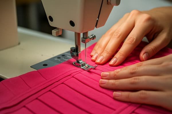 A sewer operating a specialized overlock machine to stitch bandage dress seams