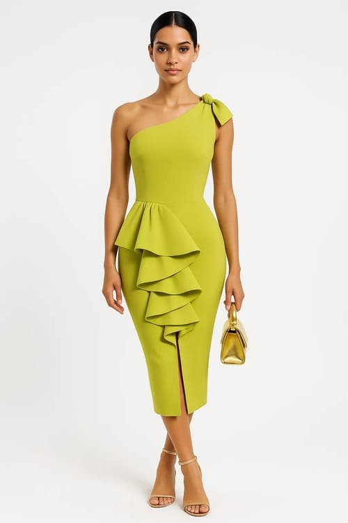 Green one-shoulder bandage dress with ruffled detail and slit