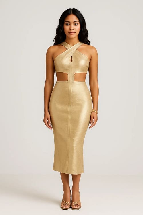 A model in a gold hot stamping bandage dress with cutouts