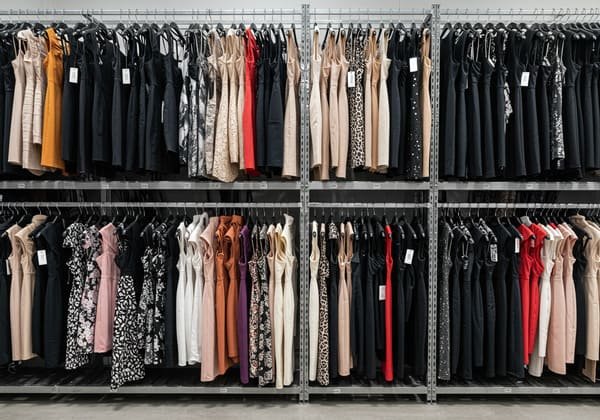 Organized storage racks of bandage dresses in a warehouse