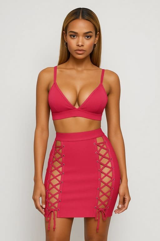 A model in a pink bandage skirt set with lace-up sides