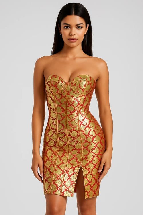 Printing bandage dress with a slit