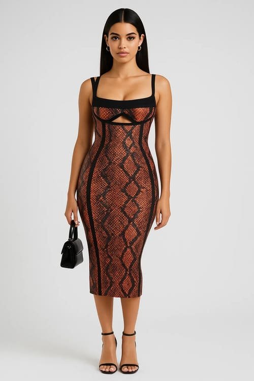 A model in a red snake print hot stamping bandage dress