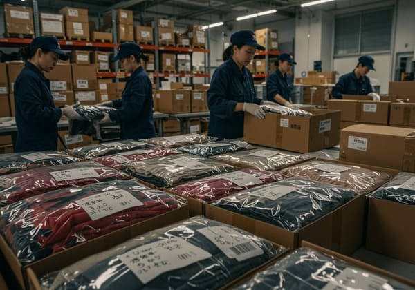 Chinese workers efficiently packaging bandage dresses for shipment in a warehouse setting