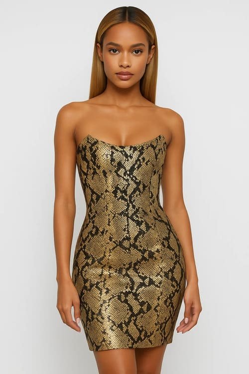 A model in a snake print hot stamping bandage dress