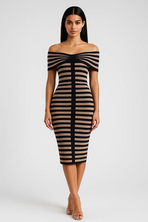 Beige and black striped bandage dress with off-shoulder design