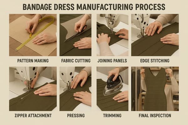 A detailed infographic showing the step-by-step bandage dress manufacturing process